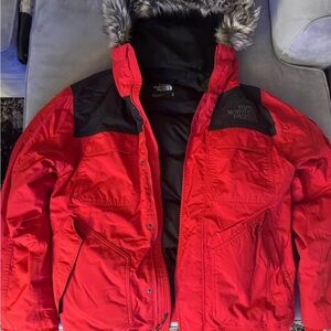 The North Face Red Jacket with Faux Fur Hood w/ built in face mask